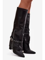 Dámské kozačky nad koleno na sloupkovém podpatku s ozdobným páskem Jolivine – černé
