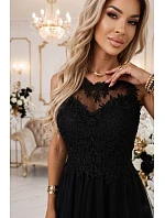 672-4 Romantické maxi šaty s vyšívanou krajkou a tylem - černé