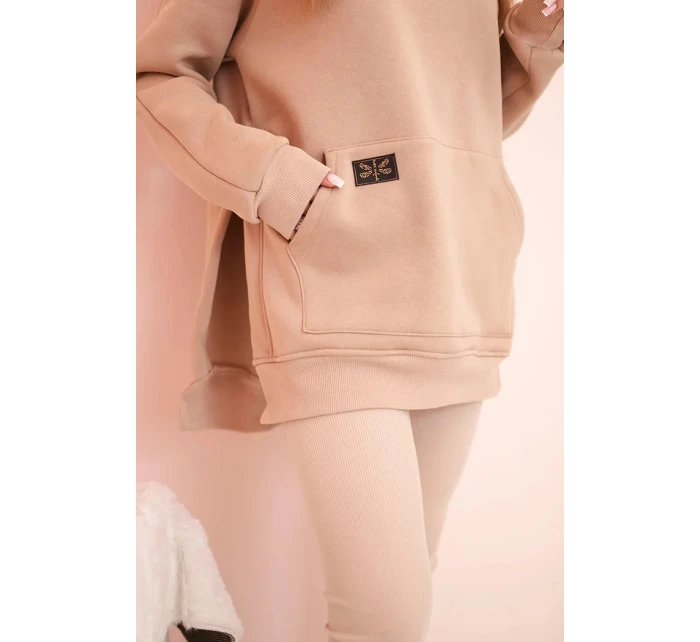 Dámská bavlněná souprava s kapucí a legíny s vysokým pasem béžová