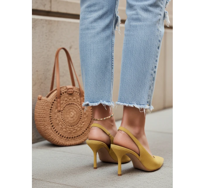 Dámské semišové jehlové boty s otevřeným podpatkem žluté FashionStreet ZY1383 Dámské semišové jehlové boty s otevřeným podpatkem žluté FashionStreet ZY1383