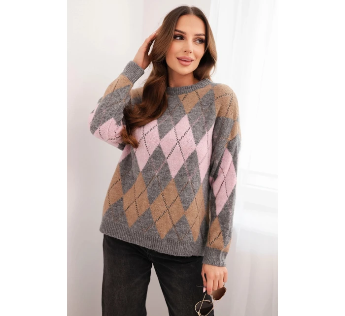 Svetr dámský s ajurem a kulatým výstřihem v diamond s vlnou šedý Svetr dámský s ajurem a kulatým výstřihem v diamond s vlnou šedý