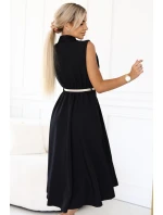 model 21212554 Elegantní midi košilka se zlatými knoflíky a páskem ČERNÁ - numoco basic