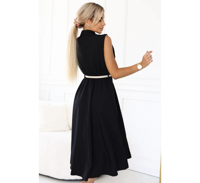 model 21212554 Elegantní midi košilka se zlatými knoflíky a páskem ČERNÁ - numoco basic
