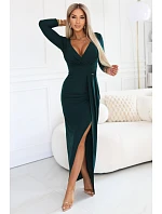 model 22112277 Elegantní dlouhé šaty s obálkovým výstřihem a rozparkem lahvově zelené - numoco