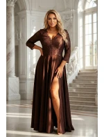 309-14 AMBER elegantní dlouhé krajkové šaty s výstřihem - čokoládové 309-14 AMBER elegantní dlouhé krajkové šaty s výstřihem - čokoládové