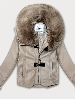 Bunda z eko kůže s kožešinovým límcem Glakate beige (LU98091#)