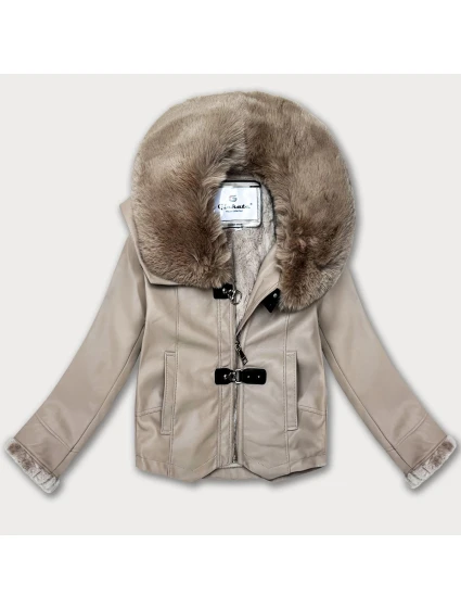 Béžová bunda z ekologické kůže s kožešinovým límcem Glakate (LU98091#)