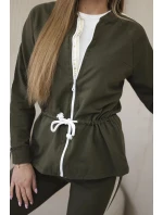 Dámská bavlněná souprava s proužky a stahovacími lemy khaki