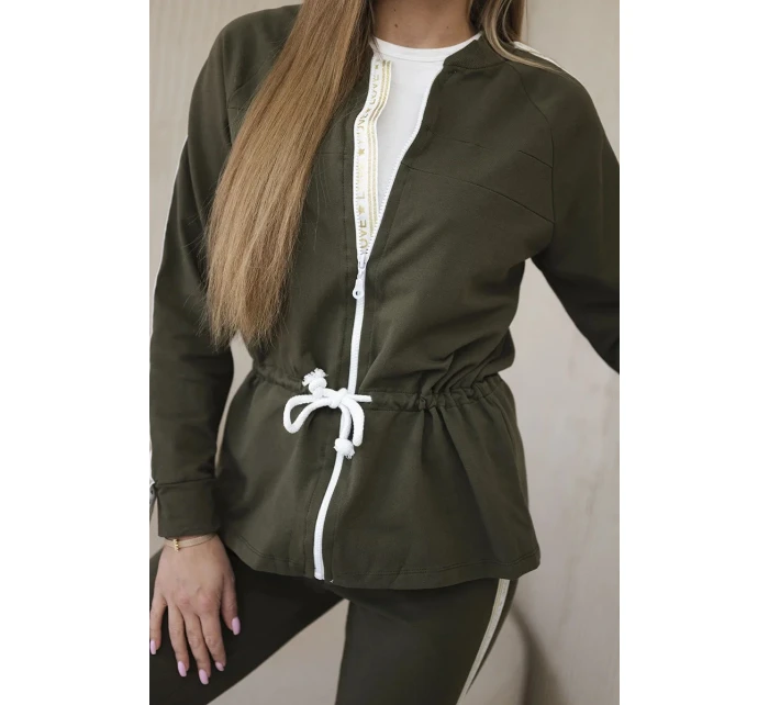 Dámská bavlněná souprava s proužky a stahovacími lemy khaki