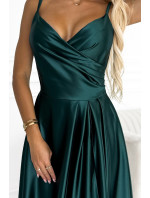 CHIARA - Elegantní saténové dámské maxi šaty v lahvově zelené barvě na ramínkách 299-9