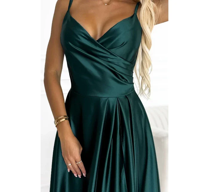 299-9 CHIARA elegantní maxi dlouhé saténové šaty bez ramínek - BOTTLE GREEN