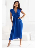 Midi šaty s volány a výstřihem chrpová barva model 21290271 - numoco Midi šaty s volány a výstřihem chrpová barva model 21290271 - numoco