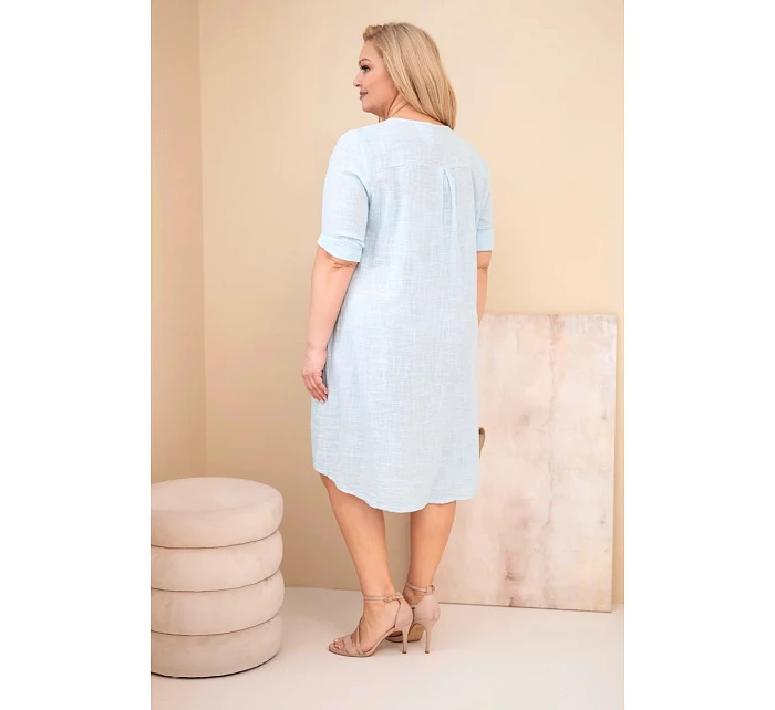 Dámské bavlněné šaty Plus Size s vázáním u výstřihu modré