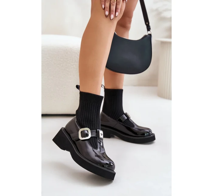 Lakované Kotníkové Boty Se Ponožkou A Přezkou Nazouvací Černé Lakované Kotníkové Boty Se Ponožkou A Přezkou Nazouvací Černé