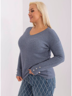 Šedomodrý svetr plus size velikosti s výstřihem