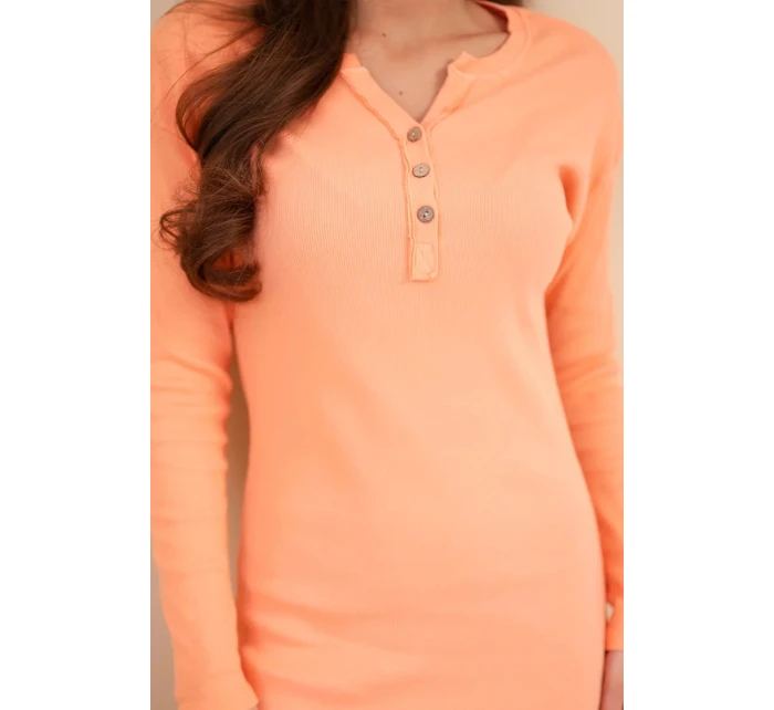 Dámská bavlněná šaty s dlouhým rukávem a dekoltem na knoflíky meruňková