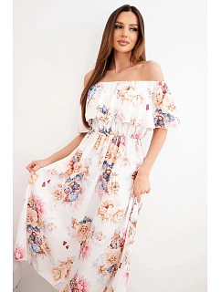 Dámské viskózové šaty model 22148024 střihu s květy béžová - K-Fashion