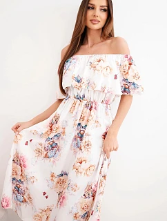 Dámské viskózové šaty model 22148024 střihu s květy béžová - K-Fashion