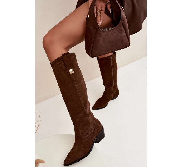 Kožené semišové kozačky zateplené  čokoládové model 21718495 - Zazoo