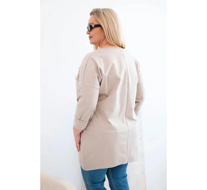Dámská blůza Plus Size s delším zadním dílem a dlouhým rukávem tmavě béžová