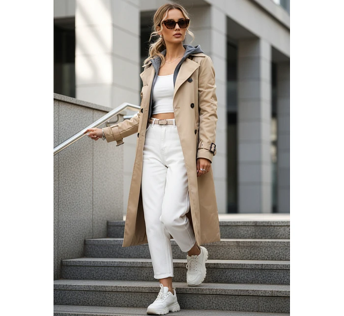 Dámský dvouřadový trenčkot s kapucí FashionStreet camel TY5656