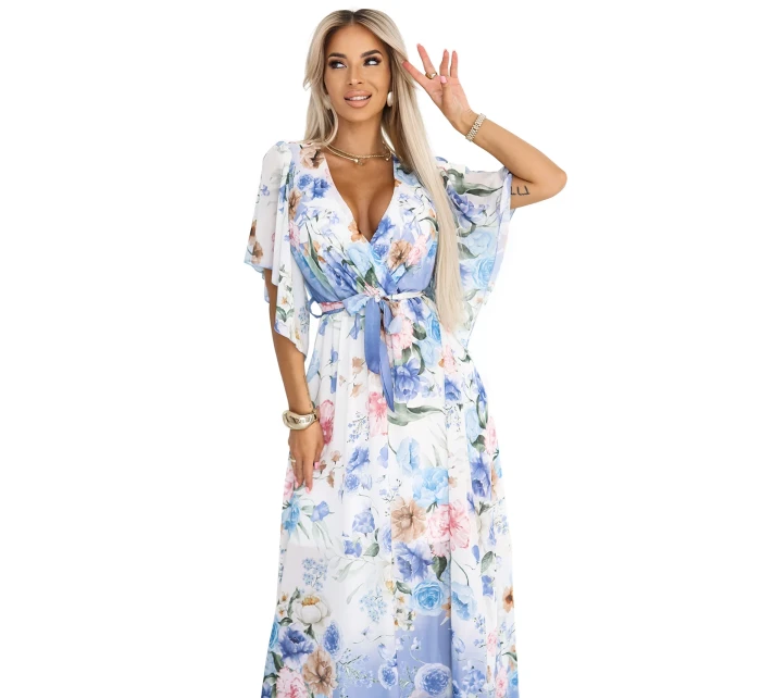 model 21178444 Vzdušné maxi šaty s obálkovým výstřihem a květinovým vzorem BLUE ROSE - numoco basic