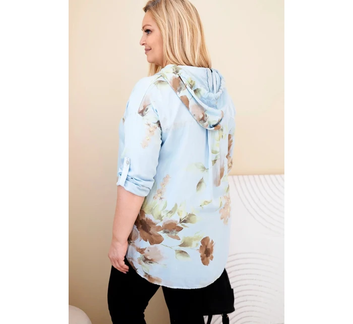 Dámská blůza Plus Size z viskózy s kapucí a květinovým vzorem modrá