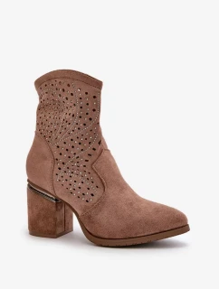 Zdobené Ažurové Kotníkové Boty Dámské Na Podpatku Z Eko Semiše Hnědé S.Barski