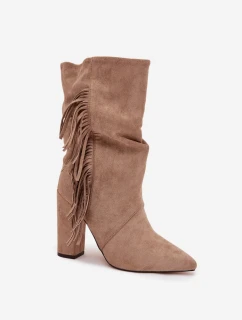 Zateplené dámské kotníkové boty na sloupkovém podpatku s třásněmi a řasením Darlina – béžové