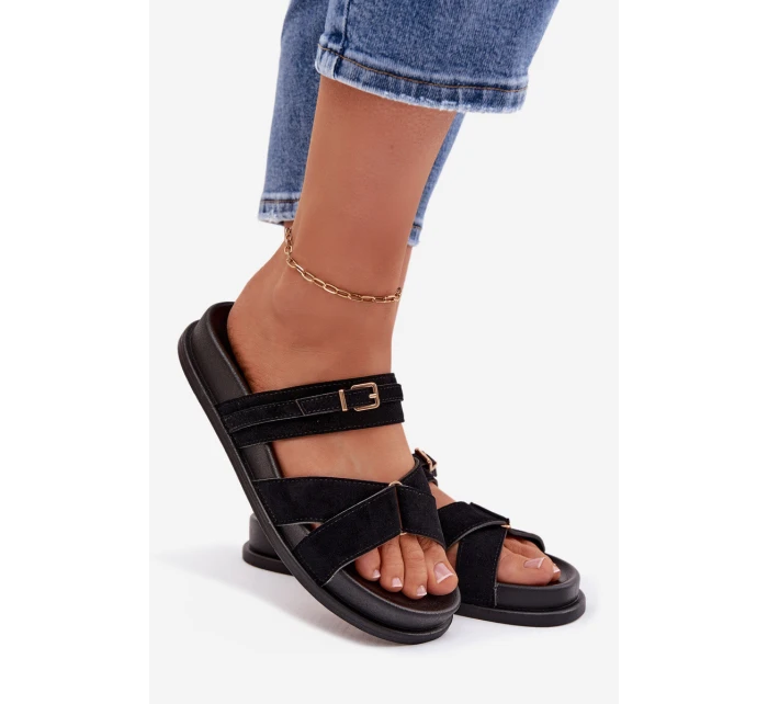 Dámské pantofle s pásky a zlatým přezkou Černé Selorina