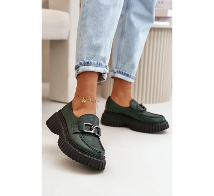 Zazoo Polobotky Mokasíny Dámské Z Přírodní Kůže Tmavě Zelené