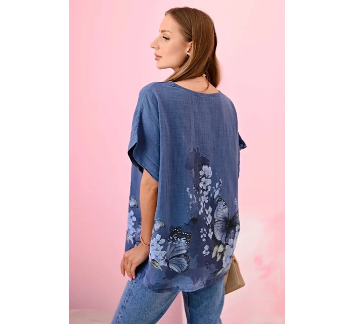 Dámská bavlněná košile s motýly a květinami džínovina