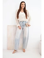 Dámský bavlněný ažurový svetr zapínaný na knoflíky s výstřihem do V béžový