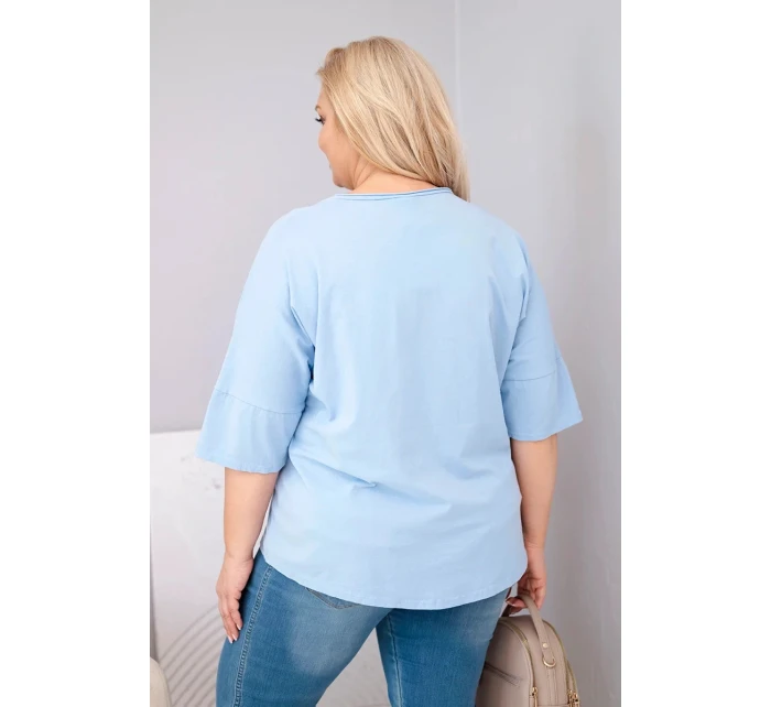 Dámská bavlněná oversize halenka Plus Size s výstřihem do V modrá