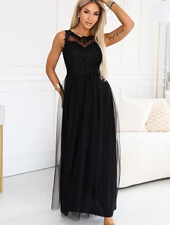 672-4 Romantické maxi šaty s vyšívanou krajkou a tylem - černé
