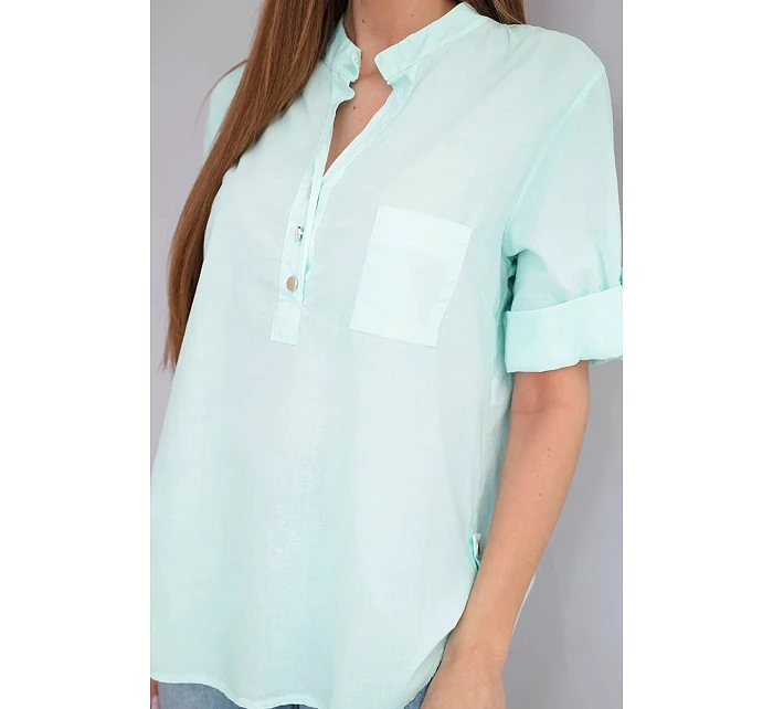 Dámská bavlněná košilová halenka s krátkým rukávem a model 22048813 mátová - K-Fashion