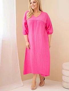 Dámské plus size šaty z bavlněného mušelínu s výstřihem do V růžová
