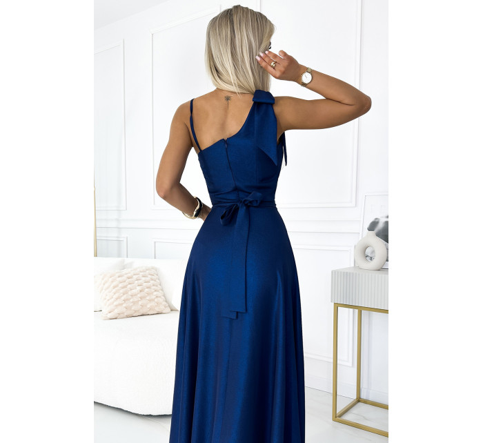 Dámské dlouhé lesklé šaty na jedno rameno s mašlí Numoco - námořnická modrá