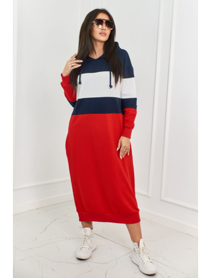 Trikolorní šaty s kapucí námořnická modř + bílá + červená