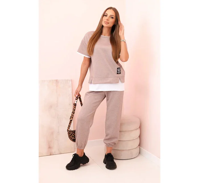 Dámská máslová souprava s krátkým rukávem a kalhotami béžový melír