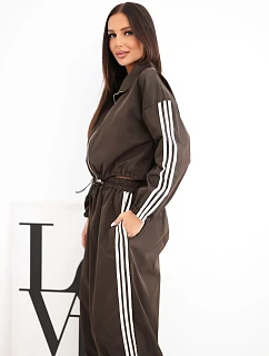 Dámský bavlněný komplet s oversized kalhotami a kontrastními lampasy hnědý