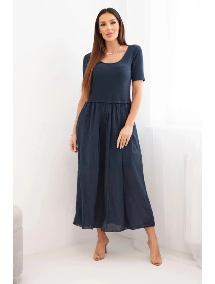 Dámské bavlněné midi šaty s krátkým rukávem a rozšířeným spodkem námořnická modrá