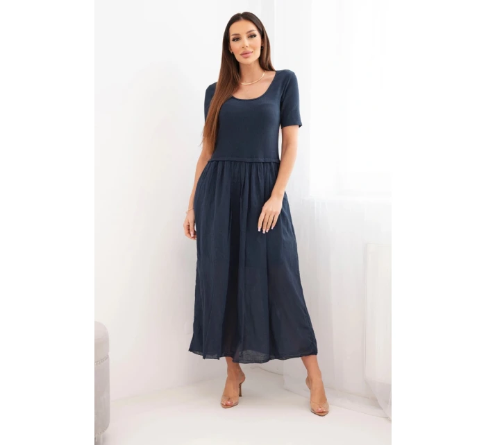 Dámské bavlněné midi šaty s krátkým rukávem a rozšířeným spodkem námořnická modrá
