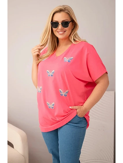 Dámská bavlněná halenka Plus Size s motýlky růžová Dámská bavlněná halenka Plus Size s motýlky růžová