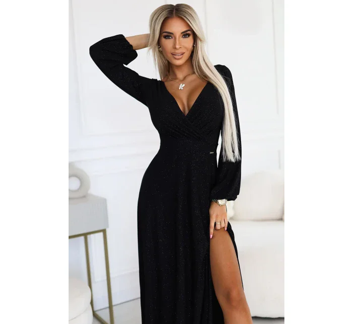 Černé dlouhé lesklé dámské šaty s výstřihem a dlouhými rukávy model 20620011 - numoco