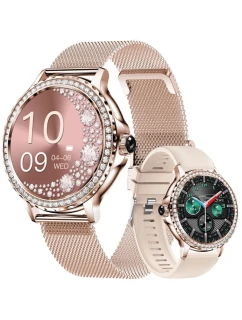 Dámské chytré hodinky VELTORI VT320-1 Zlatý náramek + růžový silikonový řemínek