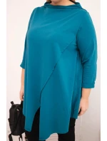 Dámská bavlněná blůza Plus Size asymetrická s ohrnovacími rukávy mořská