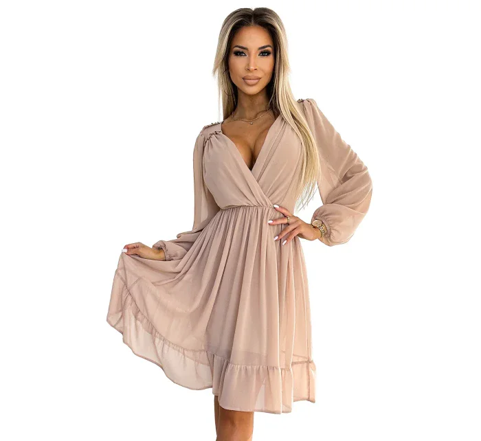 Béžové dámské šifonové midi šaty s dlouhými rukávy a výstřihem model 19927329 - numoco Béžové dámské šifonové midi šaty s dlouhými rukávy a výstřihem model 19927329 - numoco