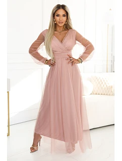 Dlouhé maxi šaty s rukávy a obálkovým výstřihem pudrově růžové model 22046066 - numoco basic