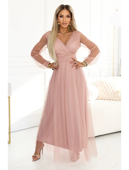 Dlouhé maxi šaty s rukávy a obálkovým výstřihem pudrově růžové model 22046066 - numoco basic